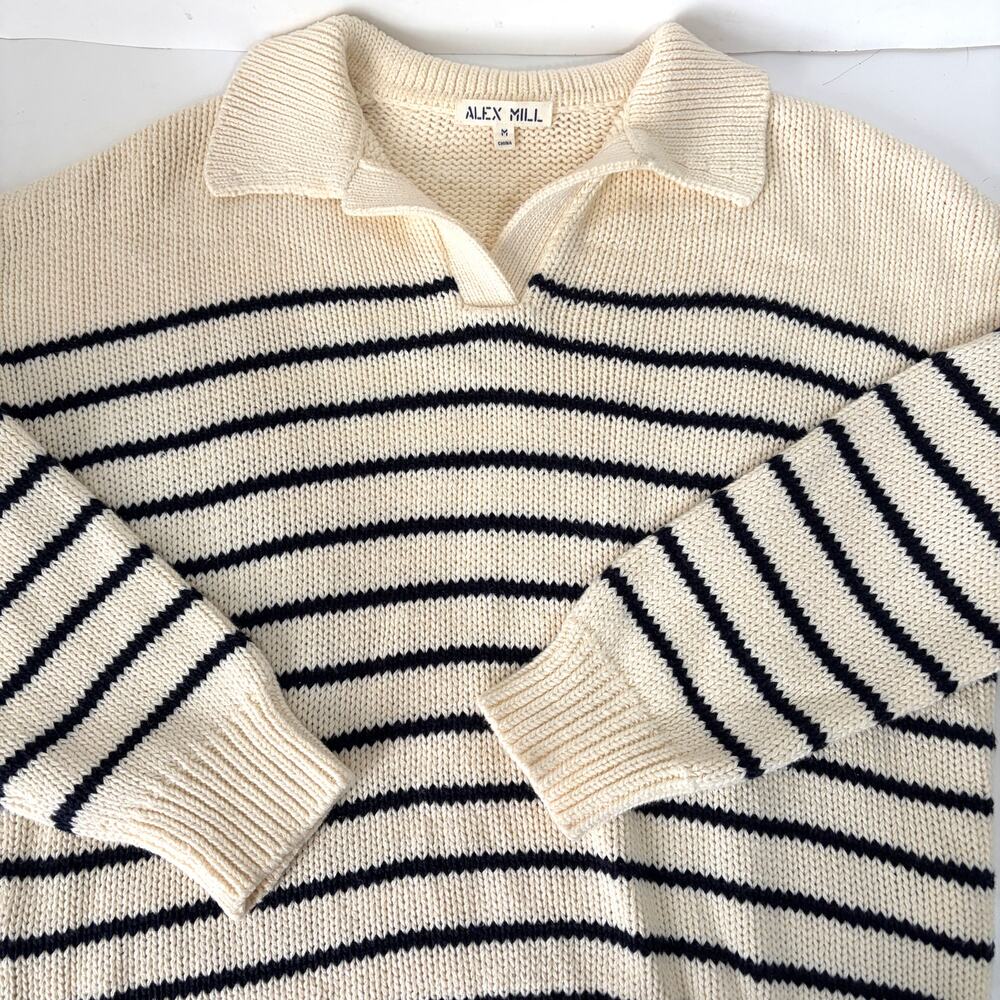 Alex Mill Jacques Cotton Stripe Polo Sweater Cream Black 100% Cotton Size M - Picture 6 of 13